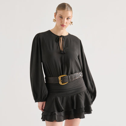 Western Espresso Woven Leather Belt with Silver Buckle | Dolce Vita