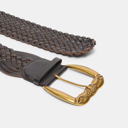 Western Espresso Woven Leather Belt with Silver Buckle | Dolce Vita