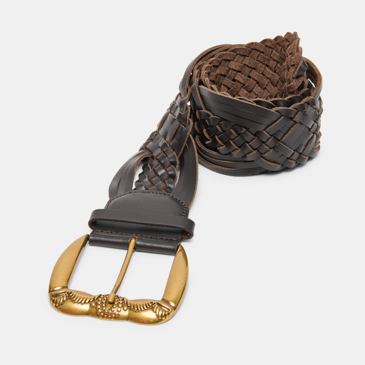 Western Espresso Woven Leather Belt with Silver Buckle | Dolce Vita