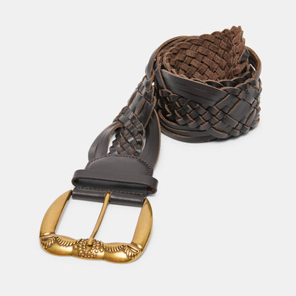 Western Espresso Woven Leather Belt with Silver Buckle | Dolce Vita