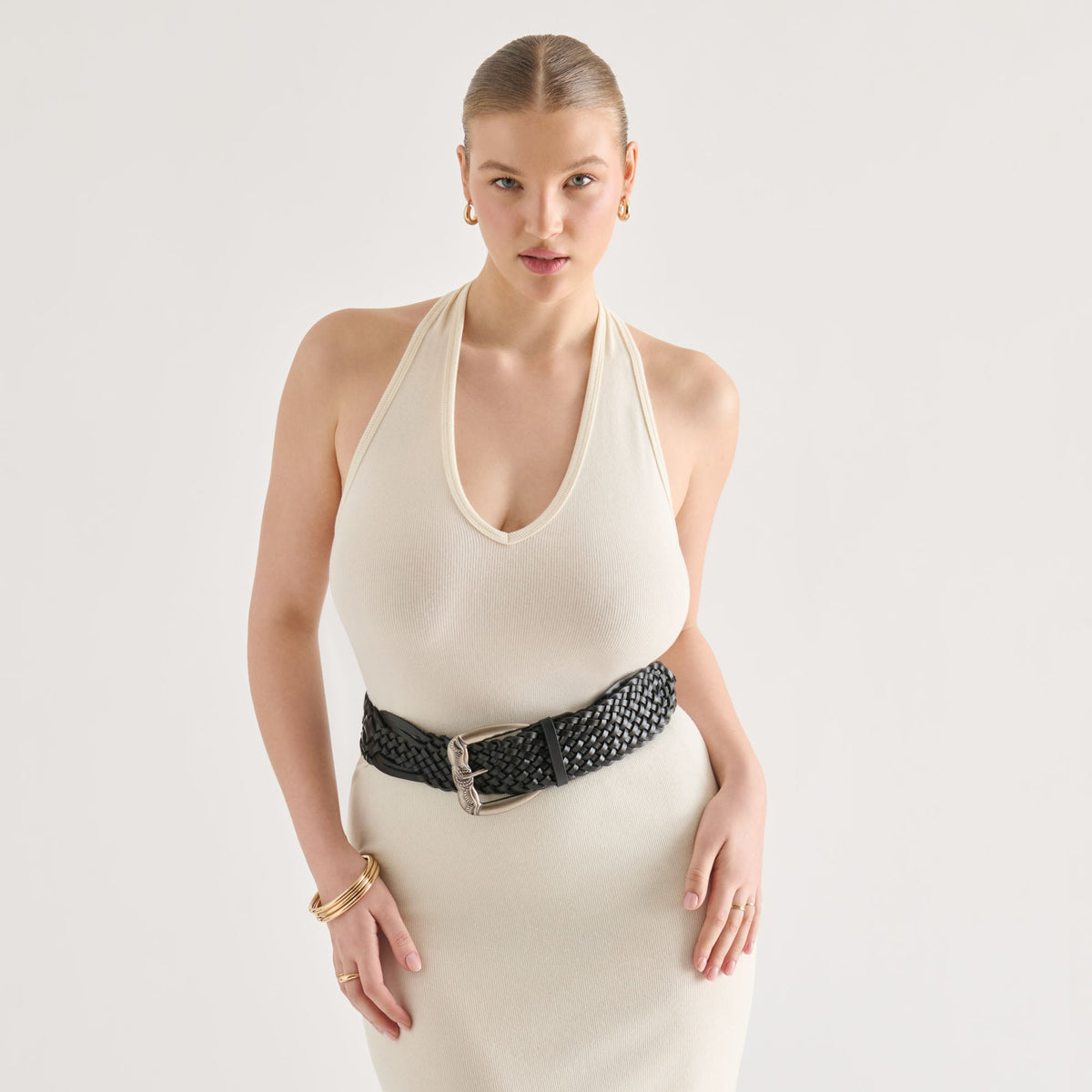 Western Black Woven Leather Belt with Silver Buckle | Dolce Vita