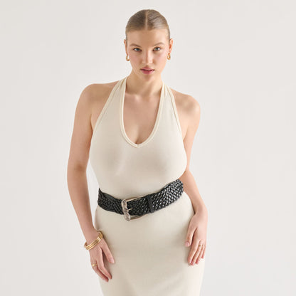 Western Black Woven Leather Belt with Silver Buckle | Dolce Vita