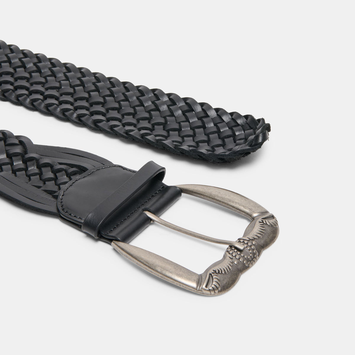 Western Black Woven Leather Belt with Silver Buckle | Dolce Vita