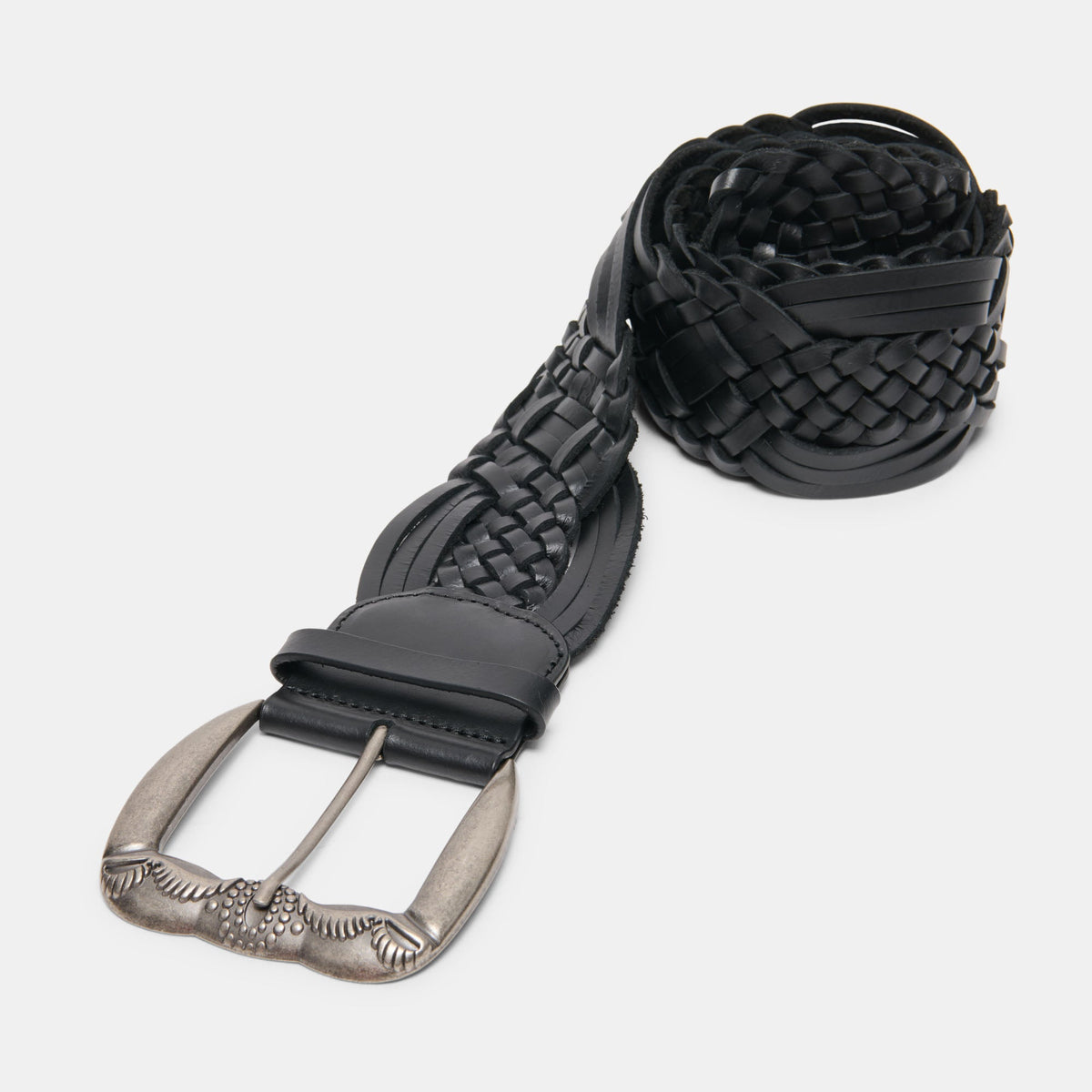 Western Black Woven Leather Belt with Silver Buckle | Dolce Vita