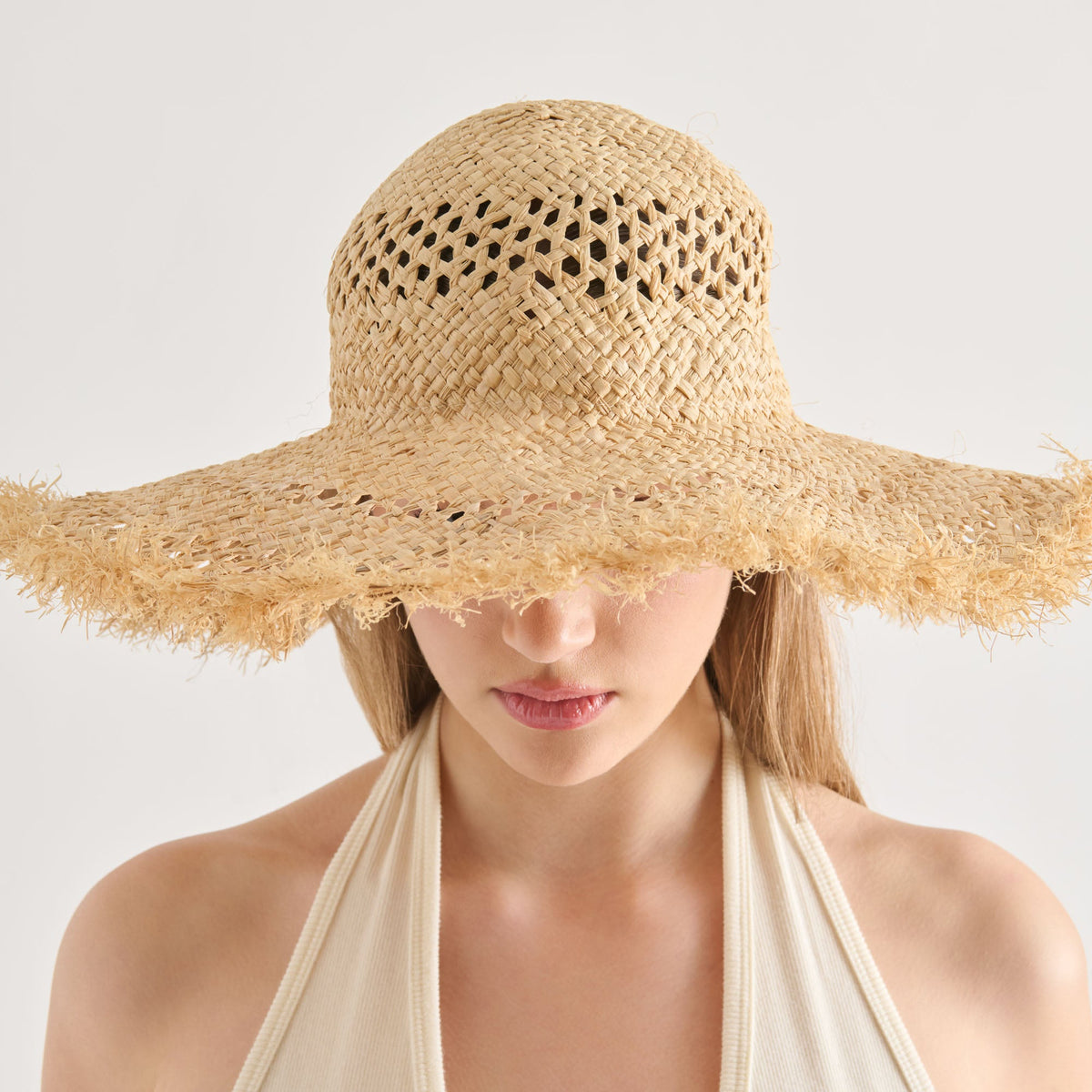 Open Weave Tan Sunhat with Frayed Edge | Dolce Vita