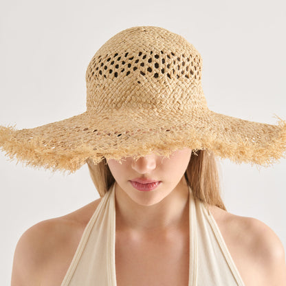 Open Weave Tan Sunhat with Frayed Edge | Dolce Vita