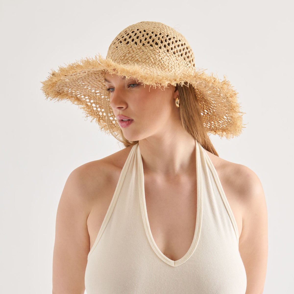 Open Weave Tan Sunhat with Frayed Edge | Dolce Vita