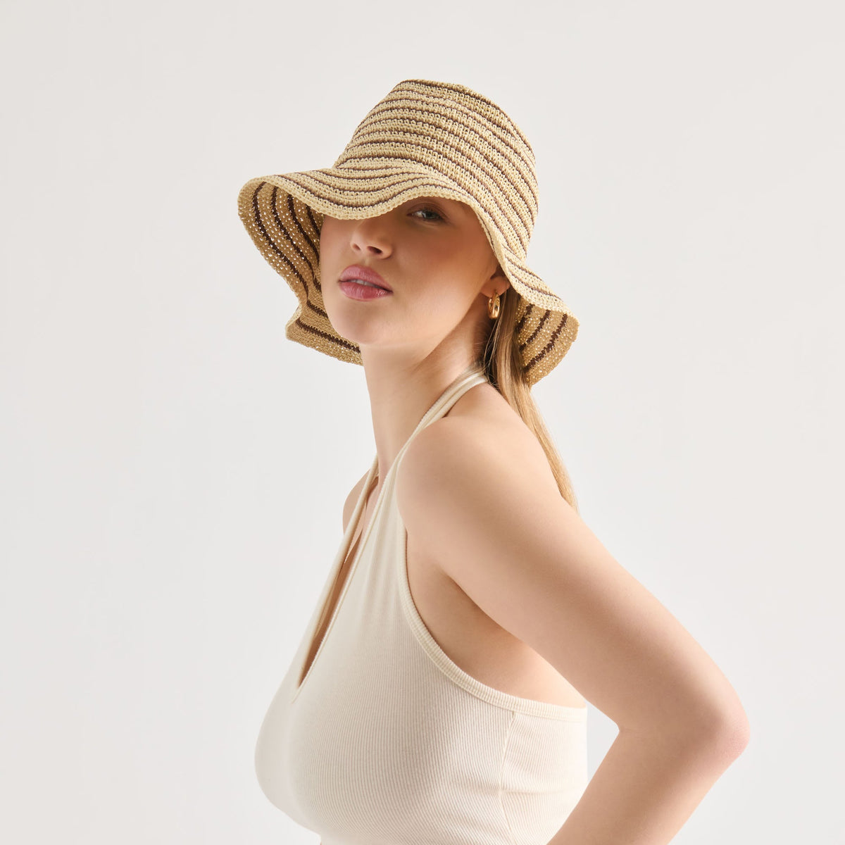 Striped Brown Natural Straw Cloche | Dolce Vita