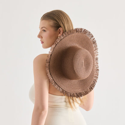 Floppy Dark Brown Sunhat with Ribbon and Frayed Edge | Dolce Vita
