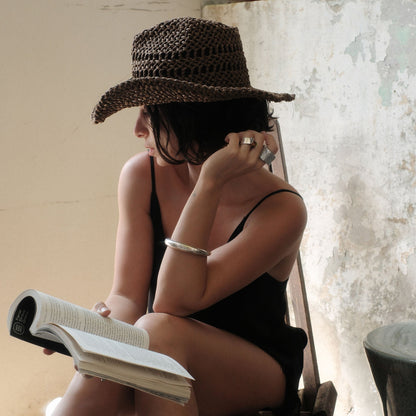Thick Weave Dark Brown Cowboy Hat with Strap | Dolce Vita