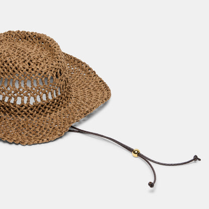 Thick Weave Dark Brown Cowboy Hat with Strap | Dolce Vita