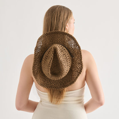 Thick Weave Dark Brown Cowboy Hat with Strap | Dolce Vita