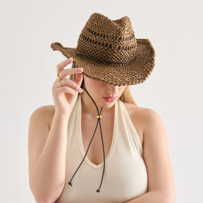 Thick Weave Dark Brown Cowboy Hat with Strap | Dolce Vita