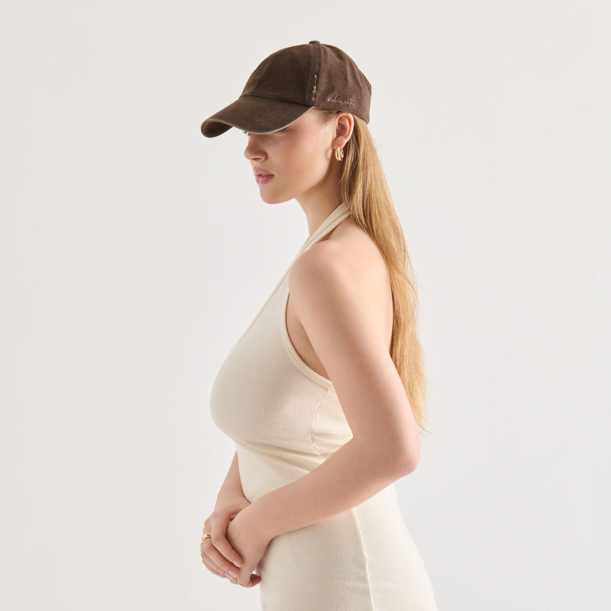 Distressed Dark Brown Baseball Cap with Embroidery | Dolce Vita
