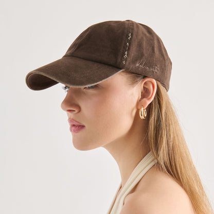 Distressed Dark Brown Baseball Cap with Embroidery | Dolce Vita