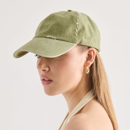 Distressed Olive Baseball Cap with Embroidery | Dolce Vita