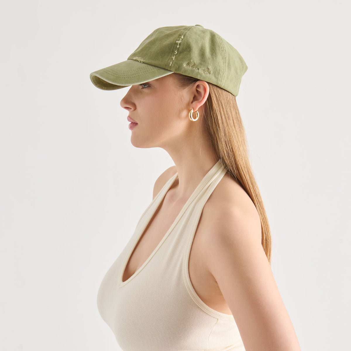 Distressed Olive Baseball Cap with Embroidery | Dolce Vita